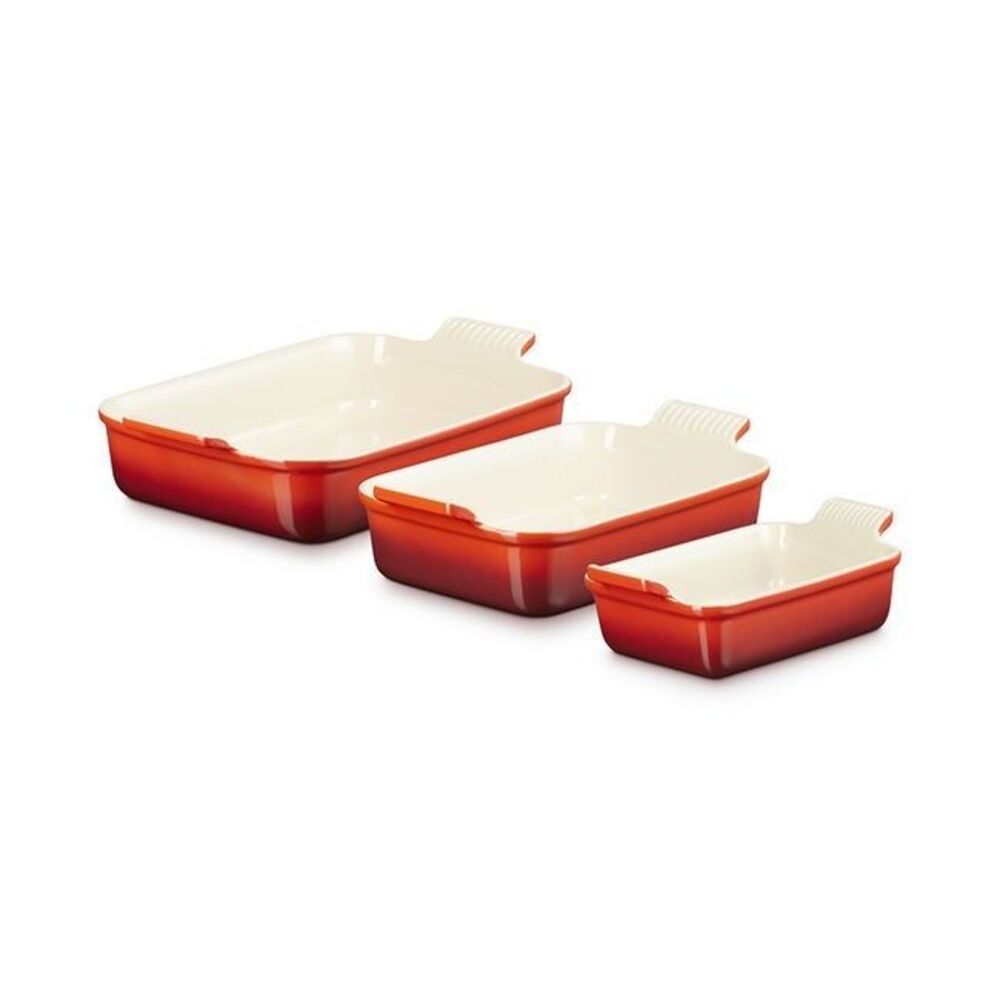 Le Creuset Stoneware Heritage 3-Piece Rectangular Baking Dish Set Cerise Red NEW